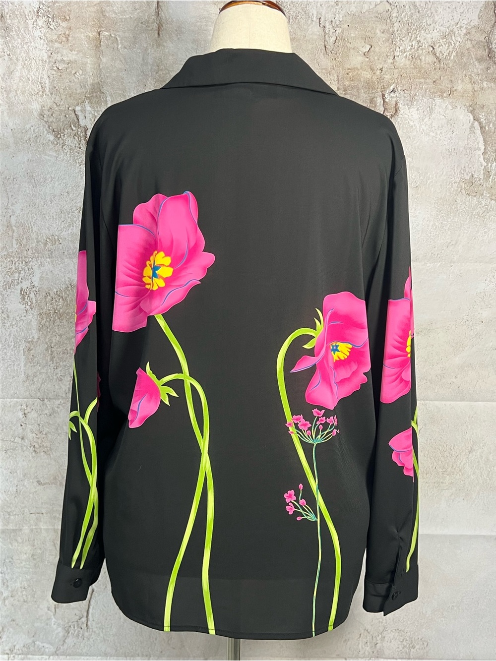 Sag Harbor Black Floral Button Front Blouse Pink Poppy Print Long Sleeve Size 16 - Picture 3 of 6